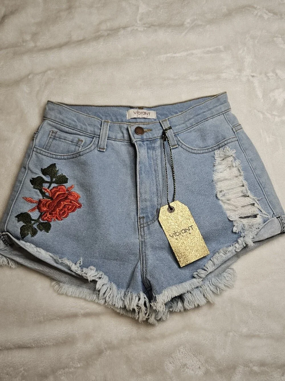 Vibrant Light Blue Denim Shorts with Red Rose Embroidery - Picture 2 of 10